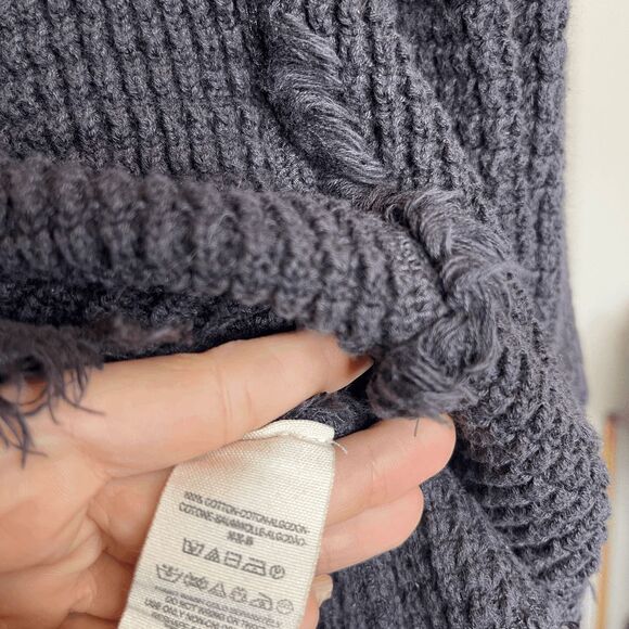 Free People Cold Shoulder Frayed Hem Waffle Knit Faded Black Sweater - Picture 5 of 7